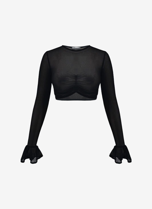 MESH CROPPED LONG SLEEVE BLACK TOP