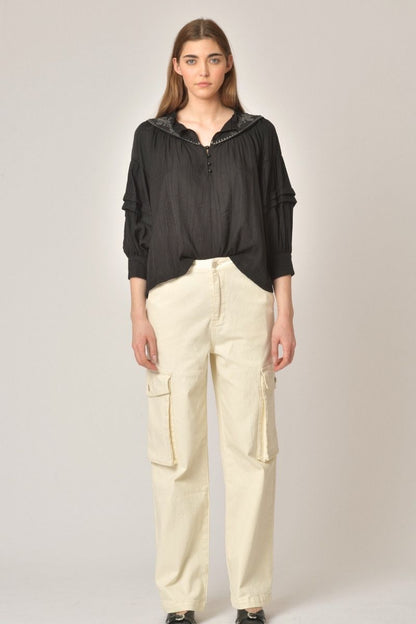 ABIGAIL BLOUSE - BLACK/KHAKI