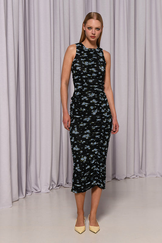 BELLA MESH DRESS BLACK FLOWERY