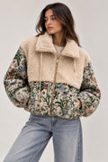 JACQUARD DOWN JACKET WITH FLORAL PRINT AND FAUX SHEEPSKIN