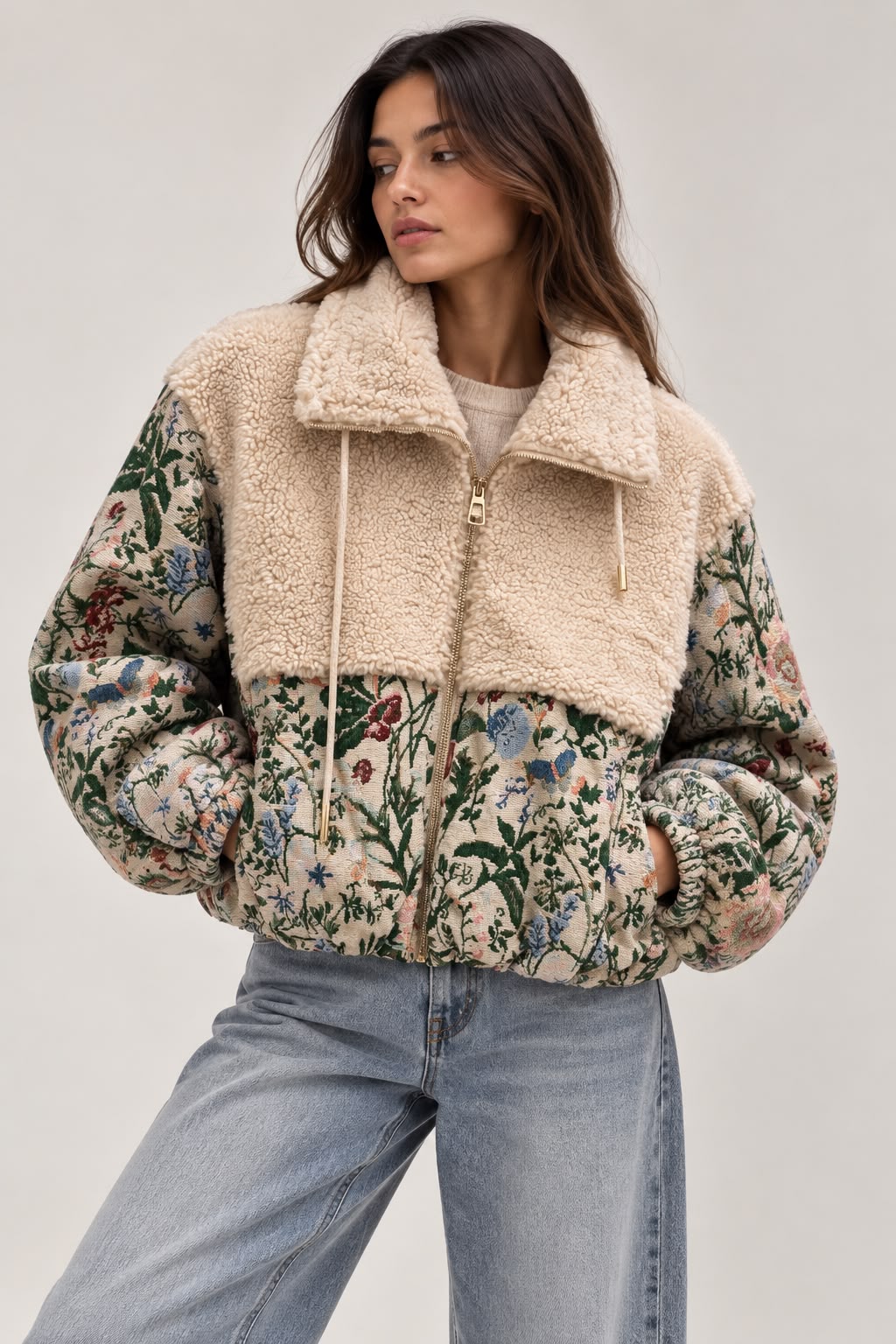 JACQUARD DOWN JACKET WITH FLORAL PRINT AND FAUX SHEEPSKIN