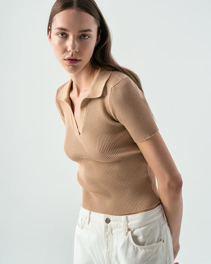 knitted rib polo viscose short sleeve