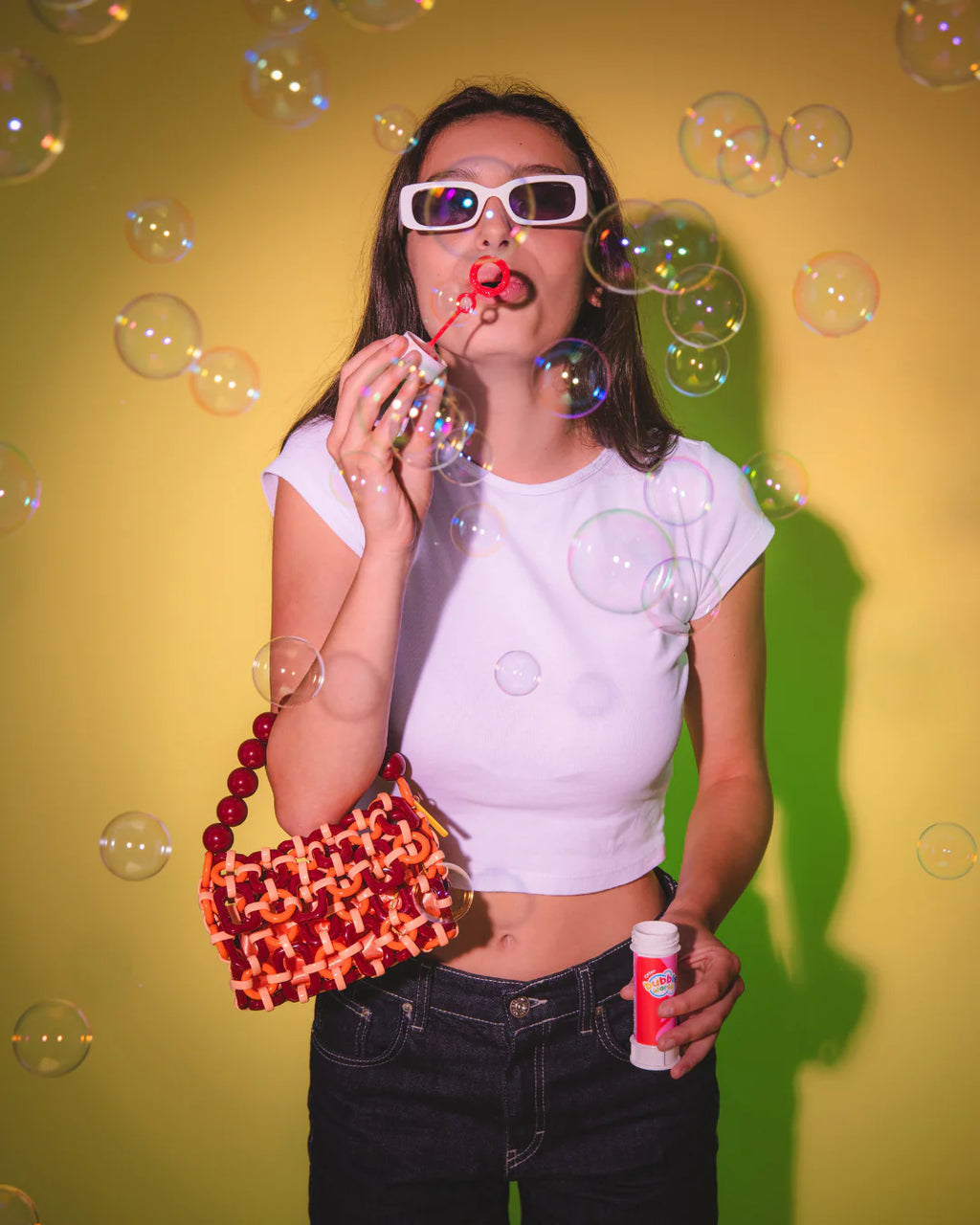 BUBBLE BAG -Multicolor resin linked rings | Handle with matching balls
