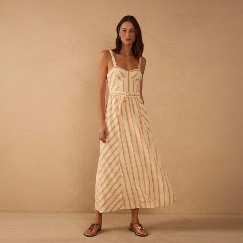 STRIPED BUSTIER MIDI DRESS
